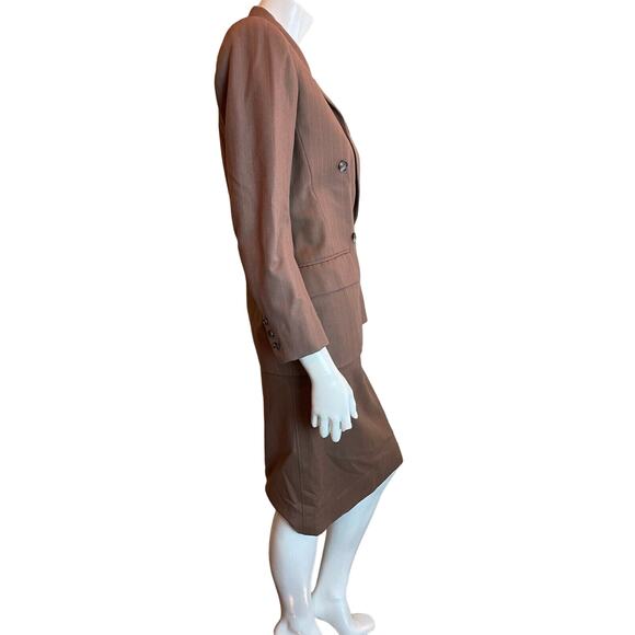 Saint Laurent Rive Gauche Suit Womens 34 XS Brown Double Breasted Blazer Skirt - Picture 5 of 12